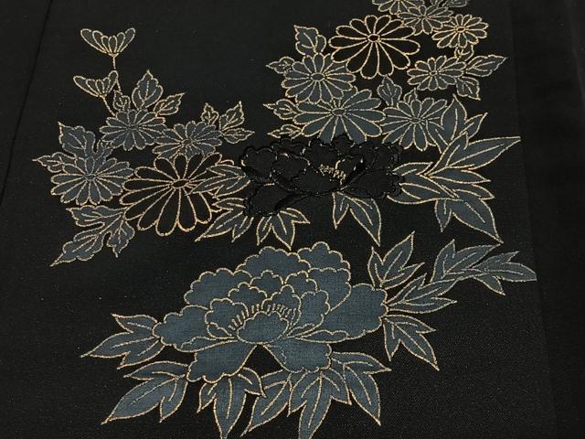 平和屋着物＃羽織　駒刺繍　花鼓　黒地　金彩　正絹　逸品　CABL4145ua
