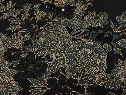 平和屋着物＃羽織　駒刺繍　花鼓　黒地　金彩　正絹　逸品　CABL4145ua