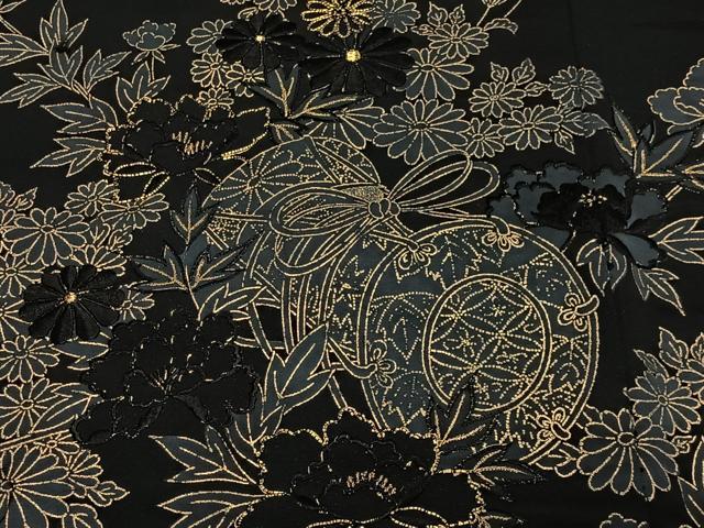 平和屋着物＃羽織　駒刺繍　花鼓　黒地　金彩　正絹　逸品　CABL4145ua