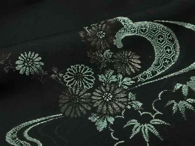 平和屋着物＃羽織　寿光織　流水草花文　黒地　銀糸　正絹　逸品　CABL4153ua