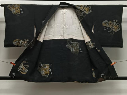 平和屋着物＃羽織　寿光織　文箱　黒地　金銀糸　正絹　逸品　CABL4154ua