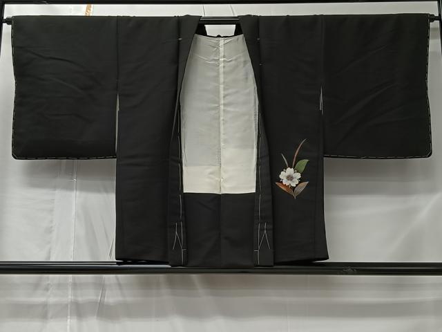 平和屋着物＃羽織　草花文　黒地　金彩　正絹　逸品　CABL4160ua