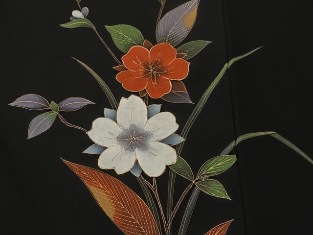 平和屋着物＃羽織　草花文　黒地　金彩　正絹　逸品　CABL4160ua