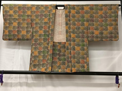 平和屋着物＃羽裏　型染め　格子　正絹　逸品　CABL4171ua