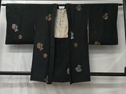 平和屋着物＃羽織　寿光織　陶器文　黒地　金銀糸　正絹　逸品　CABL4184ua