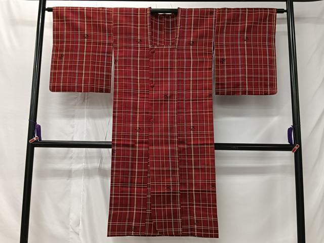 平和屋着物＃道行コート　雨コート　格子　ロング丈　正絹　逸品　CABL4219ua