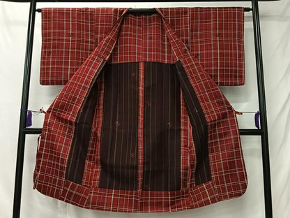 平和屋着物＃道行コート　雨コート　格子　ロング丈　正絹　逸品　CABL4219ua