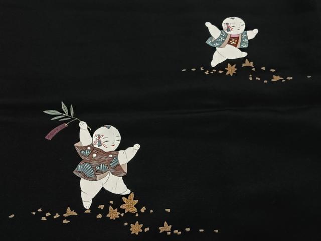 平和屋着物＃羽織　手描き　唐子　黒地　金彩　正絹　逸品　CABL4235ua