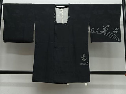 平和屋着物＃道行コート　絞り　流水枝花文　黒地　正絹　逸品　CABL4265ua