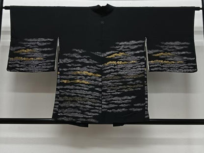 平和屋着物＃羽織　寿光織　横段文　黒地　金銀糸　正絹　逸品　CABL4307ua
