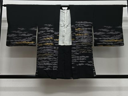 平和屋着物＃羽織　寿光織　横段文　黒地　金銀糸　正絹　逸品　CABL4307ua