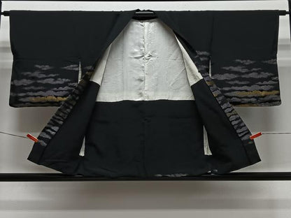 平和屋着物＃羽織　寿光織　横段文　黒地　金銀糸　正絹　逸品　CABL4307ua
