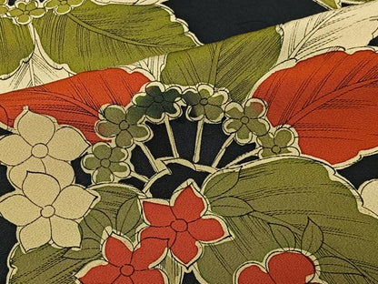 平和屋着物＃羽織　草花文　黒地　正絹　逸品　CABL4308ua