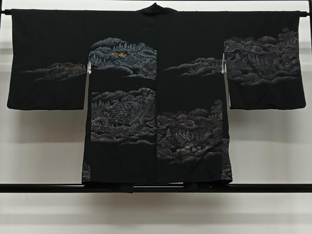 平和屋着物＃羽織　寿光織　樹林文　黒地　金銀糸　正絹　逸品　CABL4311ua