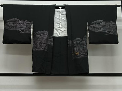 平和屋着物＃羽織　寿光織　樹林文　黒地　金銀糸　正絹　逸品　CABL4311ua