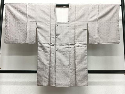 平和屋着物＃道行コート　花唐草地紋　灰黄緑色　ロング丈　正絹　逸品　CABL4335ua
