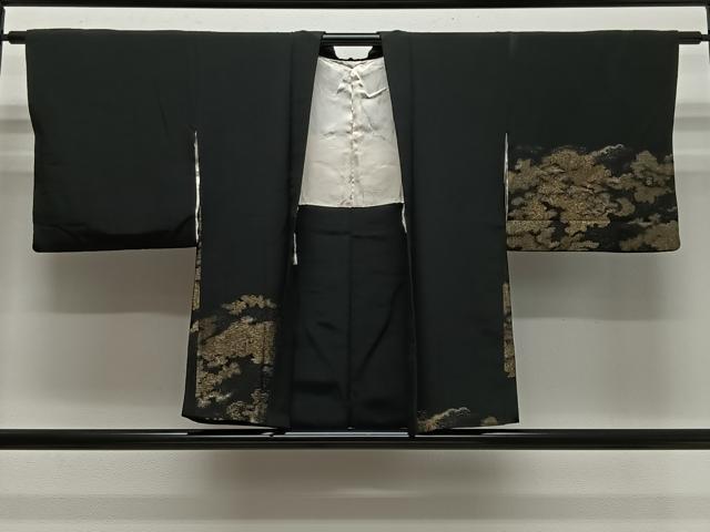 平和屋着物＃羽織　寿光織　雲取り文　黒地　金糸　正絹　逸品　CABL4339ua