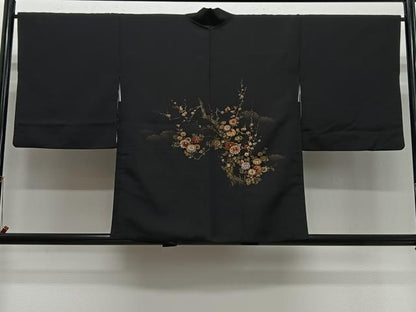 平和屋着物＃羽織　寿光織　枝花文　黒地　金銀糸　正絹　逸品　CABL4341ua