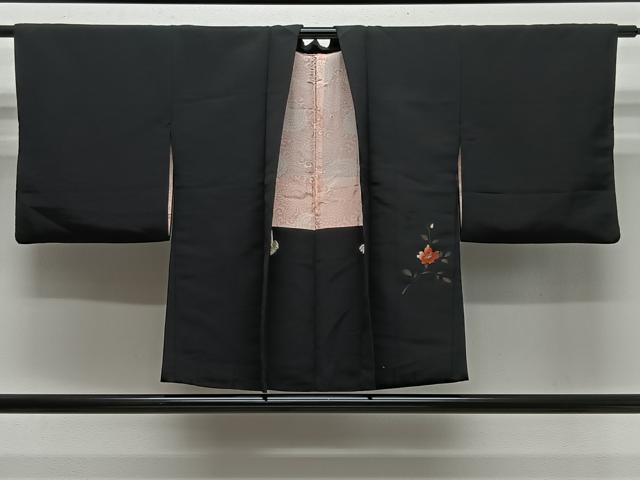 平和屋着物＃羽織　手描き　枝花文　黒地　金彩　正絹　逸品　CABL4342ua