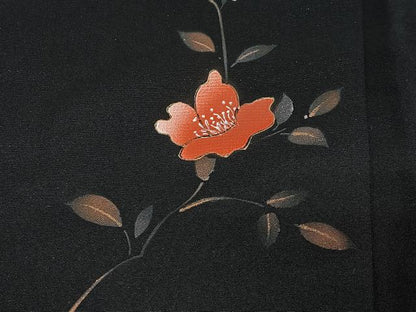平和屋着物＃羽織　手描き　枝花文　黒地　金彩　正絹　逸品　CABL4342ua