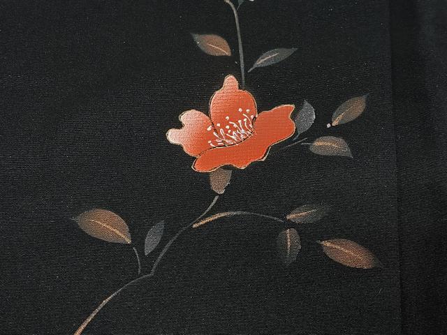 平和屋着物＃羽織　手描き　枝花文　黒地　金彩　正絹　逸品　CABL4342ua