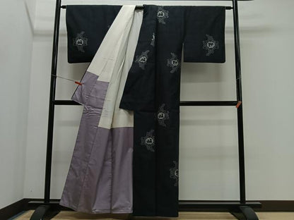 平和屋着物■上質な紬　幾何学鳥文　黒地　正絹　逸品　CABL4357ua