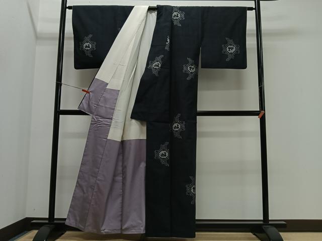 平和屋着物■上質な紬　幾何学鳥文　黒地　正絹　逸品　CABL4357ua