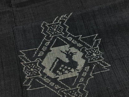 平和屋着物■上質な紬　幾何学鳥文　黒地　正絹　逸品　CABL4357ua