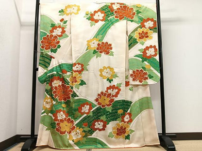 平和屋着物■豪華振袖　駒刺繍　流水牡丹文　金彩　正絹　逸品　CABL4366ua
