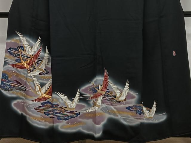 平和屋着物■豪華黒留袖　駒刺繍　雲取り飛鶴文　暈し染め　金彩　正絹　逸品　CABL4369ua