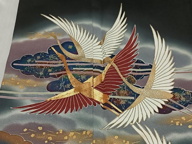 平和屋着物■豪華黒留袖　駒刺繍　雲取り飛鶴文　暈し染め　金彩　正絹　逸品　CABL4369ua