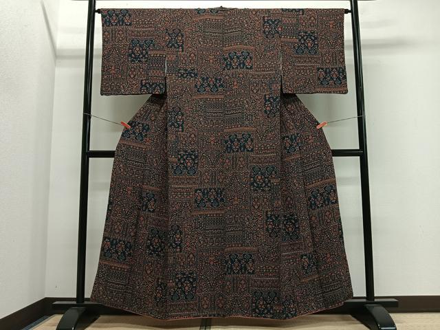 平和屋着物■上質な小紋　更紗花文　鬼しぼ縮緬　正絹　逸品　CABL4373ua
