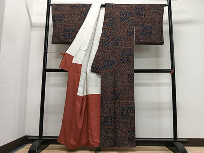 平和屋着物■上質な小紋　更紗花文　鬼しぼ縮緬　正絹　逸品　CABL4373ua