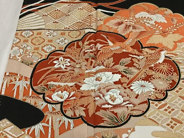 平和屋着物■豪華黒留袖　刺繍　吉祥花鳥文　金彩　正絹　逸品　CABL4379ua