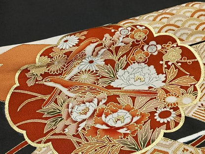 平和屋着物■豪華黒留袖　刺繍　吉祥花鳥文　金彩　正絹　逸品　CABL4379ua