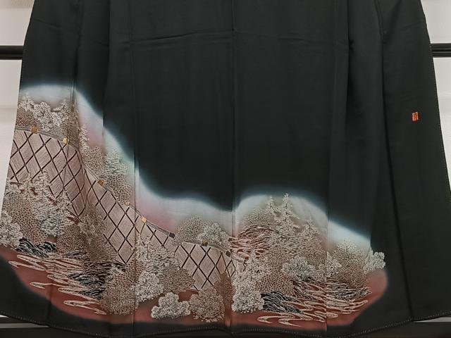 平和屋着物■豪華黒留袖　作家物　刺繍　流水風景文　暈し染め　金糸　正絹　逸品　CABL4380ua