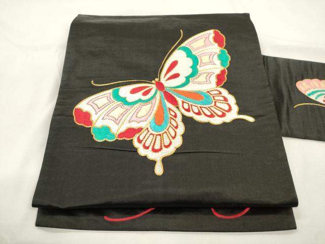 平和屋着物●アンティーク　大正ロマン　九寸名古屋帯　総刺繍　駒刺繍　舞蝶文　黒地　正絹　逸品　CABL4403dy