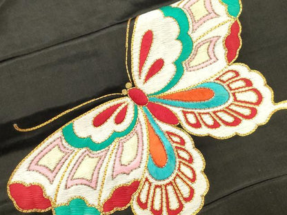 平和屋着物●アンティーク　大正ロマン　九寸名古屋帯　総刺繍　駒刺繍　舞蝶文　黒地　正絹　逸品　CABL4403dy