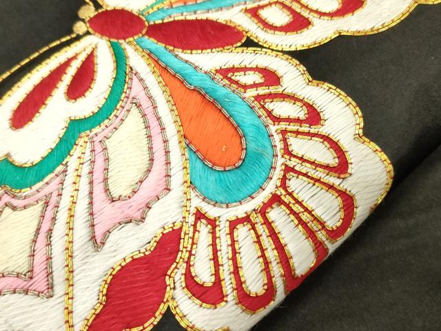 平和屋着物●アンティーク　大正ロマン　九寸名古屋帯　総刺繍　駒刺繍　舞蝶文　黒地　正絹　逸品　CABL4403dy