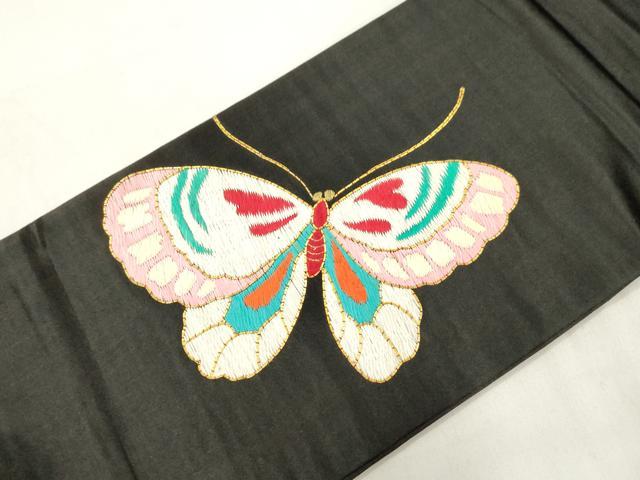 平和屋着物●アンティーク　大正ロマン　九寸名古屋帯　総刺繍　駒刺繍　舞蝶文　黒地　正絹　逸品　CABL4403dy