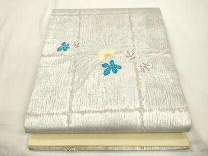平和屋着物▽太鼓柄袋帯　スリーシーズン　春夏秋　刺繍　草花文　金銀糸　正絹　逸品　CABL4432dy