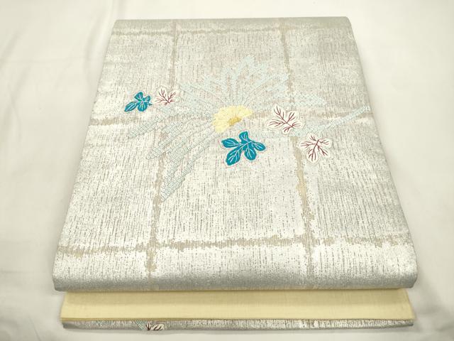平和屋着物▽太鼓柄袋帯　スリーシーズン　春夏秋　刺繍　草花文　金銀糸　正絹　逸品　CABL4432dy