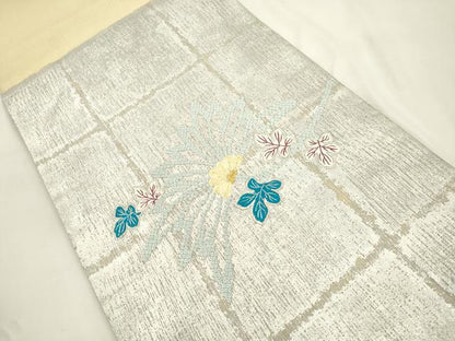 平和屋着物▽太鼓柄袋帯　スリーシーズン　春夏秋　刺繍　草花文　金銀糸　正絹　逸品　CABL4432dy