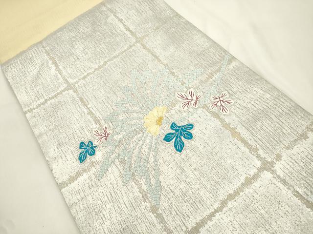 平和屋着物▽太鼓柄袋帯　スリーシーズン　春夏秋　刺繍　草花文　金銀糸　正絹　逸品　CABL4432dy