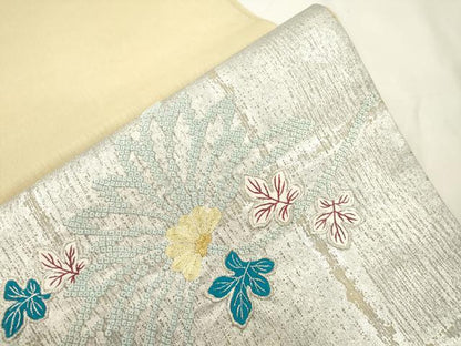 平和屋着物▽太鼓柄袋帯　スリーシーズン　春夏秋　刺繍　草花文　金銀糸　正絹　逸品　CABL4432dy