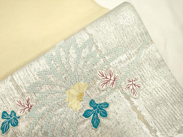 平和屋着物▽太鼓柄袋帯　スリーシーズン　春夏秋　刺繍　草花文　金銀糸　正絹　逸品　CABL4432dy
