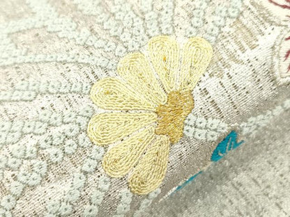 平和屋着物▽太鼓柄袋帯　スリーシーズン　春夏秋　刺繍　草花文　金銀糸　正絹　逸品　CABL4432dy