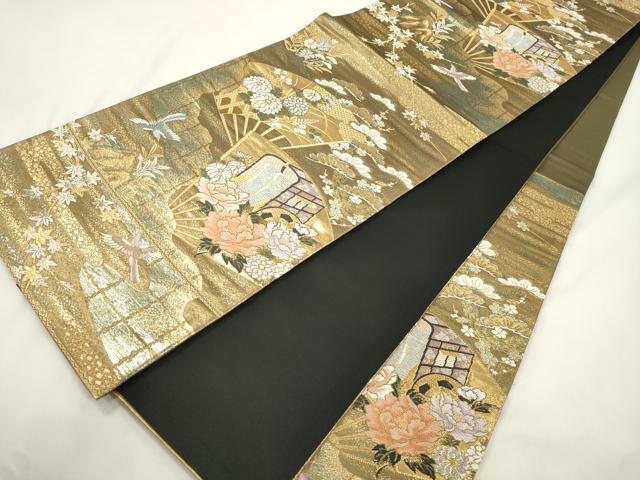 平和屋本店▼六通柄袋帯　唐織　扇面御所車花鳥文　弐拾四金二重織　正絹　逸品　CABL4442dy