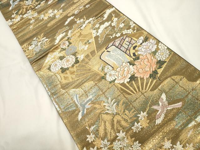 平和屋本店▼六通柄袋帯　唐織　扇面御所車花鳥文　弐拾四金二重織　正絹　逸品　CABL4442dy