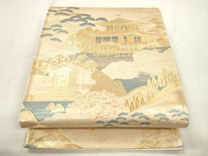 平和屋本店▼六通柄袋帯　金閣嵐山之図　純金二重箔　正絹　逸品　CABL4443dy